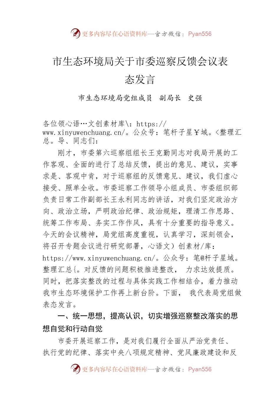 市生态环境局党组成员  副局长  史强：市生态环境局关于市委巡察反馈会议表态发言（20220630）.docx_第1页