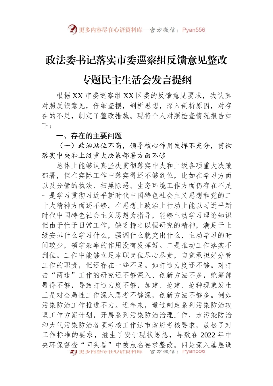 政法委书记落实市委巡察组反馈意见整改专题民主生活会发言提纲.docx_第1页