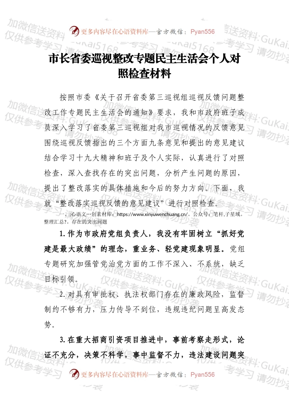 市长省委巡视整改专题民主生活会个人对照检查材料.docx_第1页
