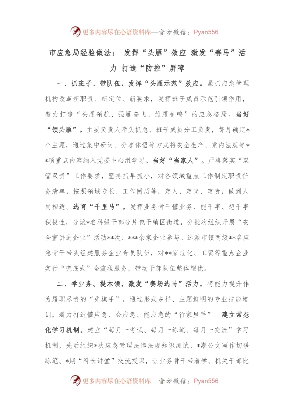 市应急局经验做法： 发挥“头雁”效应 激发“赛马”活力 打造“防控”屏障.docx_第1页