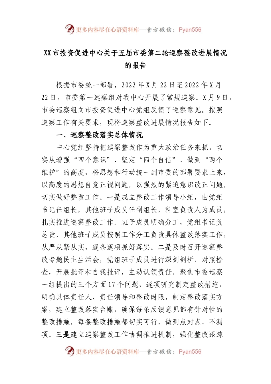 市投资促进中心五届市委第二轮巡察整改进展情况的报告.docx_第1页