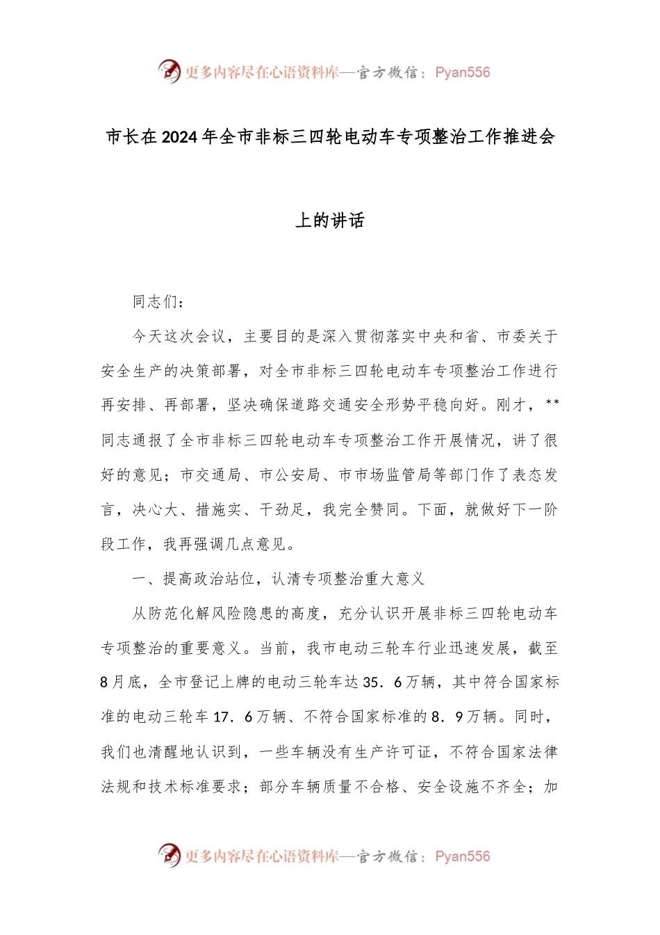 市长在2024年全市非标三四轮电动车专项整治工作推进会上的讲话.docx_第1页