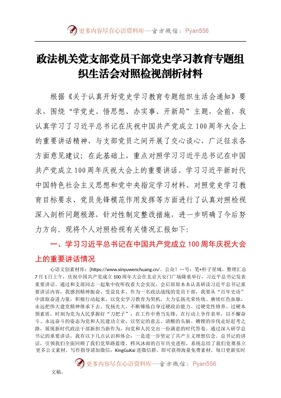政法机关党支部党员干部党史学习教育专题组织生活会对照检视剖析材料.docx_第1页