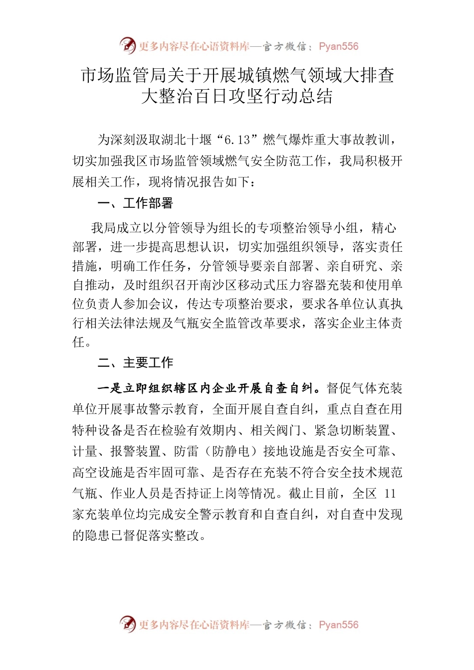 市场监管局关于开展城镇燃气领域大排查大整治百日攻坚行动总结.docx_第1页