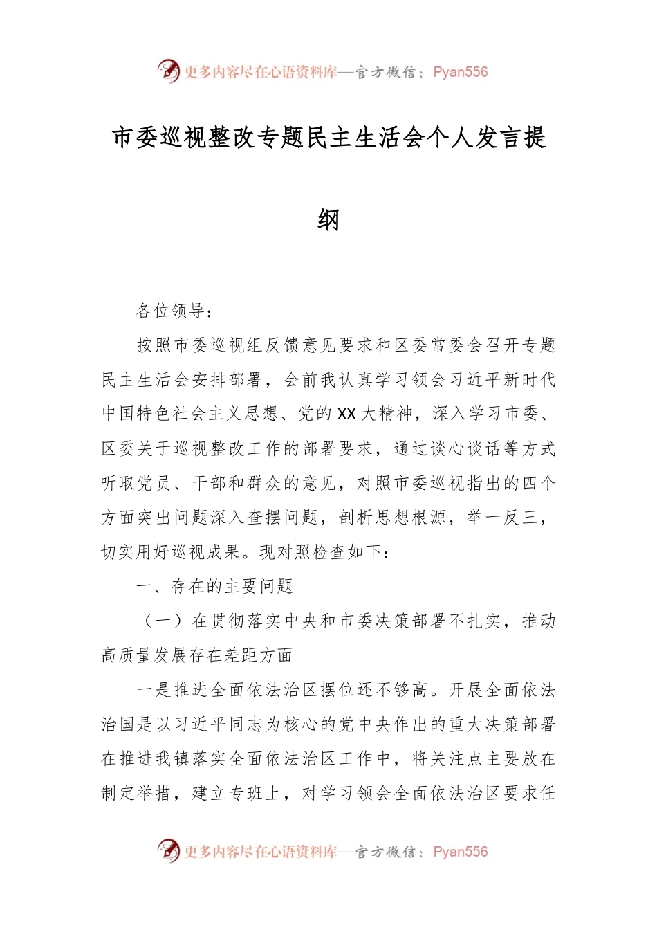 市委巡视整改专题民主生活会个人发言提纲.docx_第1页