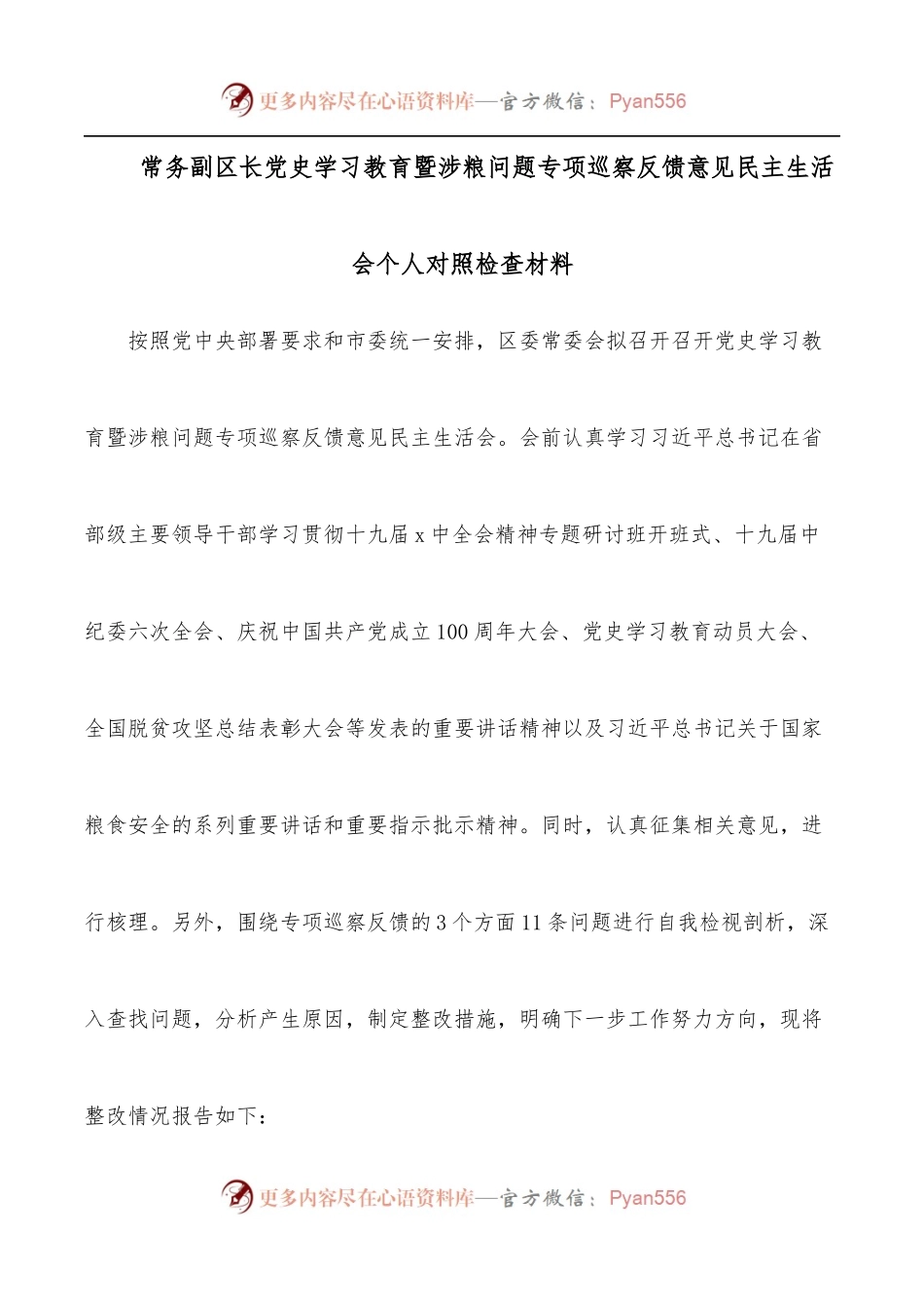 常务副区长学习教育暨涉粮问题专项巡察反馈意见民主生活会个人对照检查材料.docx_第1页