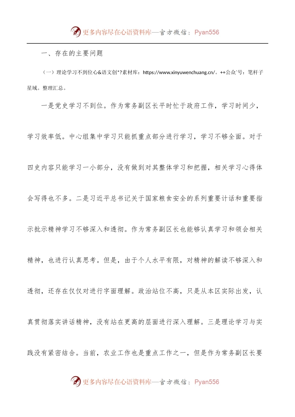 常务副区长学习教育暨涉粮问题专项巡察反馈意见民主生活会个人对照检查材料.docx_第2页
