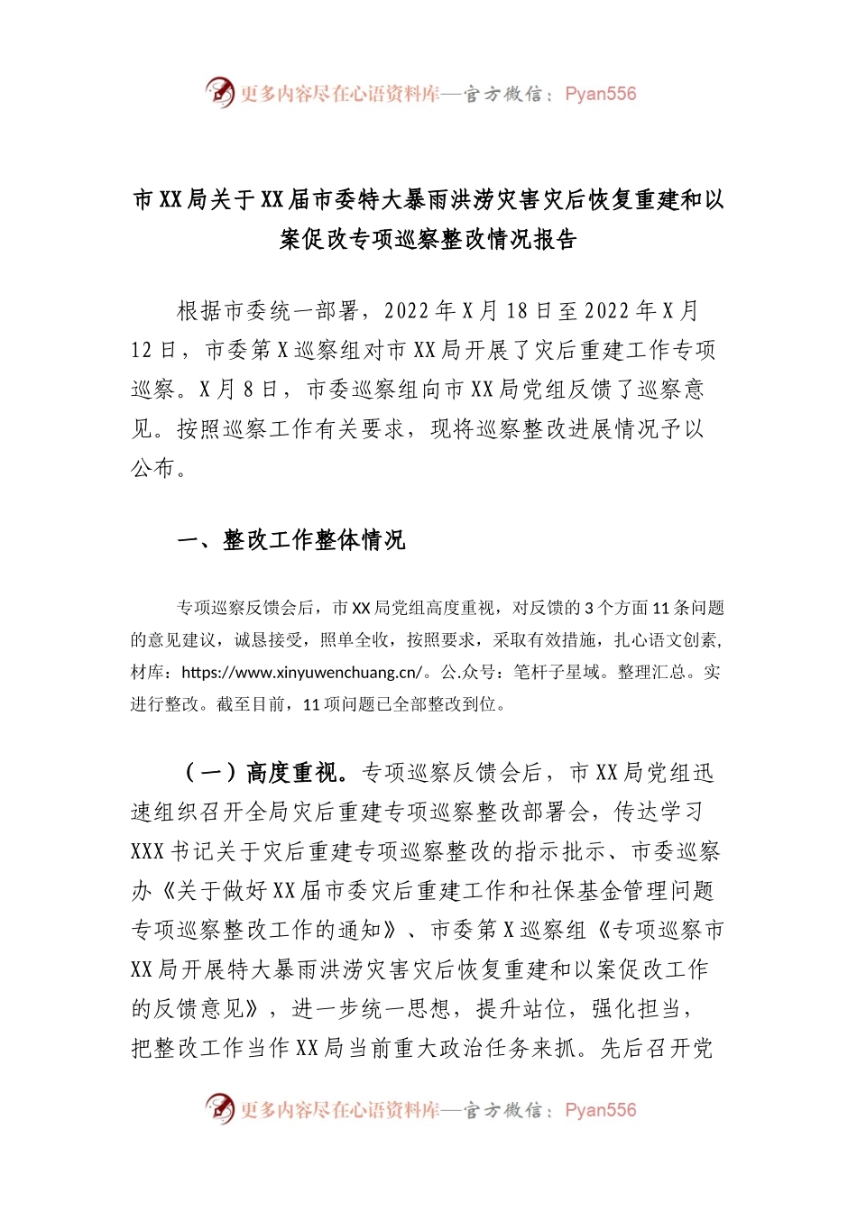 市局届市委特大暴雨洪涝灾害灾后恢复重建和以案促改专项巡察整改情况报告.docx_第1页