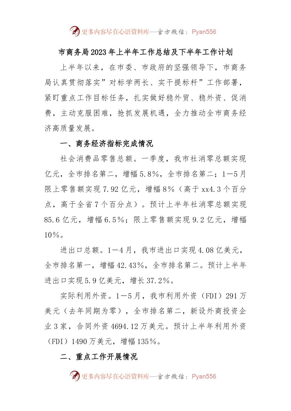 市商务局2023年上半年工作总结及下半年工作计划.docx_第1页
