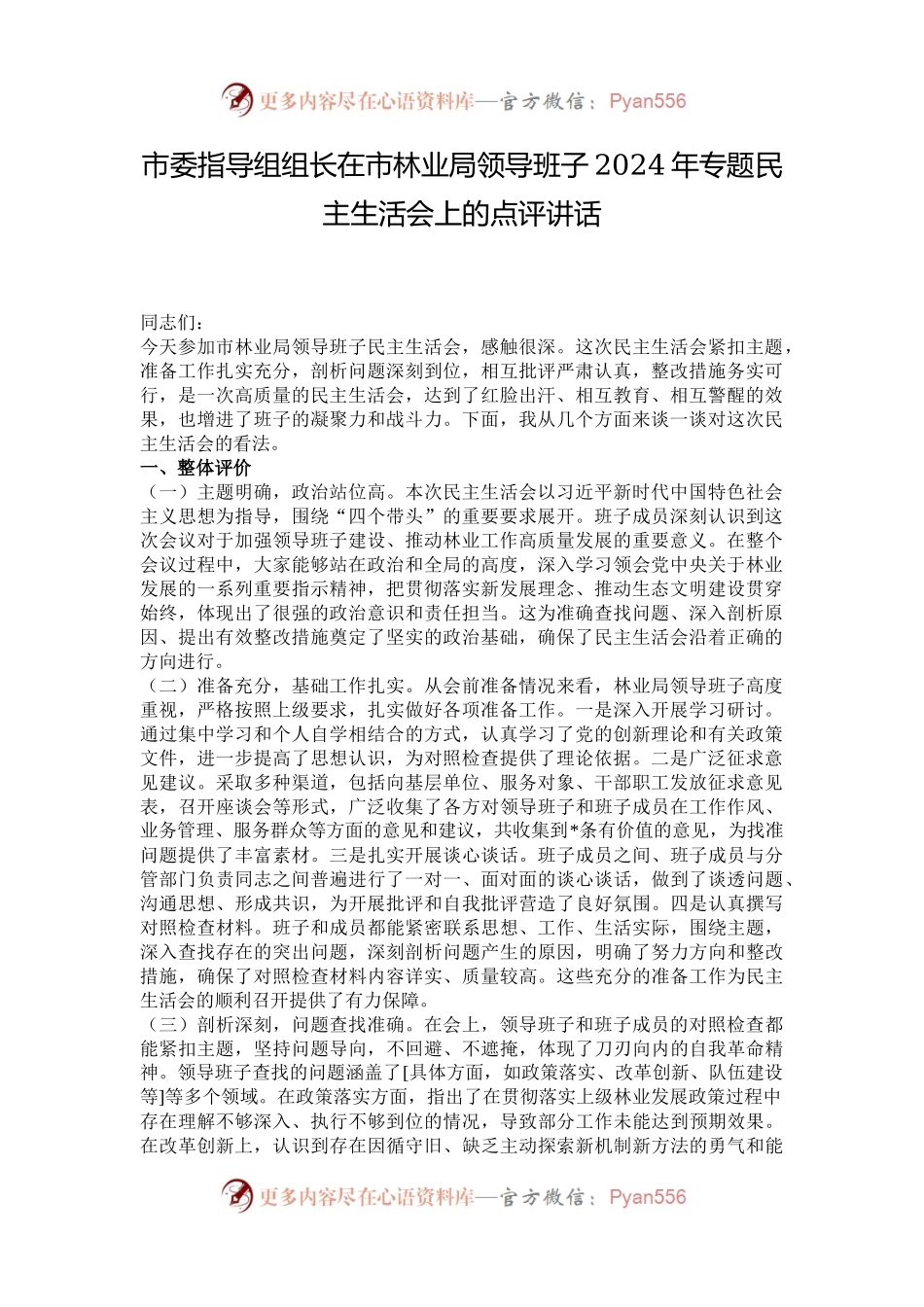 市委指导组组长在市林业局领导班子2024年专题民主生活会上的点评讲话.docx_第1页