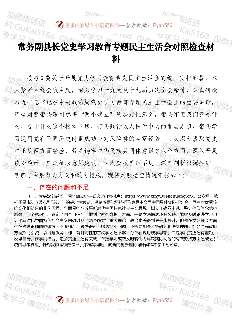 常务副县长党史学习教育专题民主生活会对照检查材料.docx_第1页