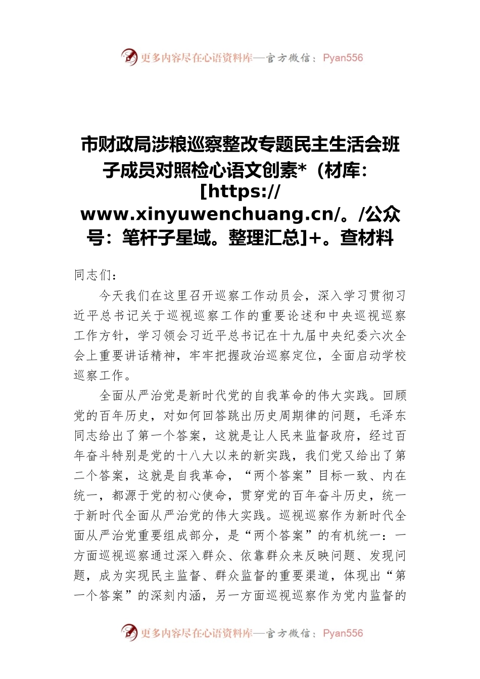 市财政局涉粮巡察整改专题民主生活会班子成员对照检查材料.docx_第1页