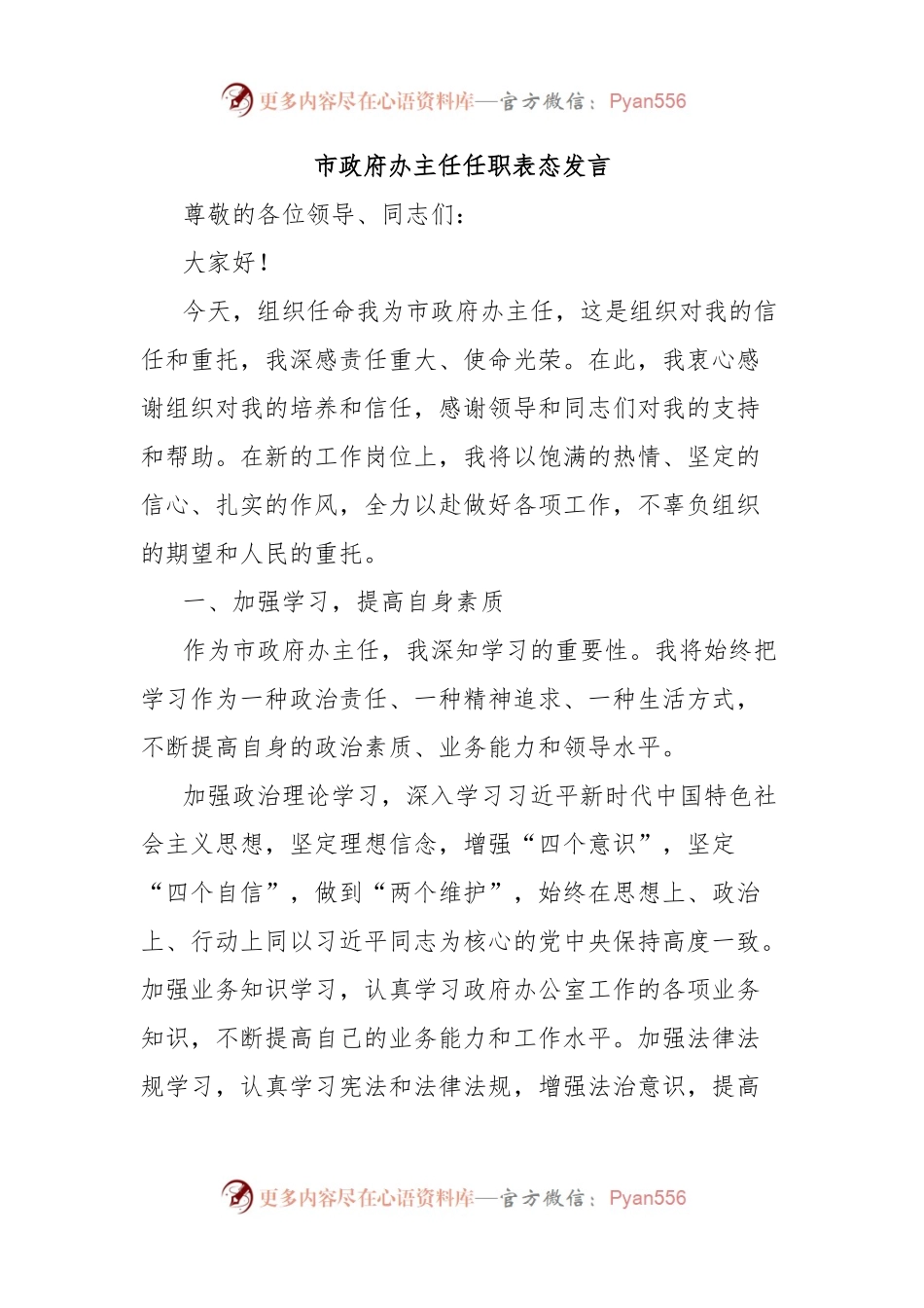 市政府办主任任职表态发言.docx_第1页