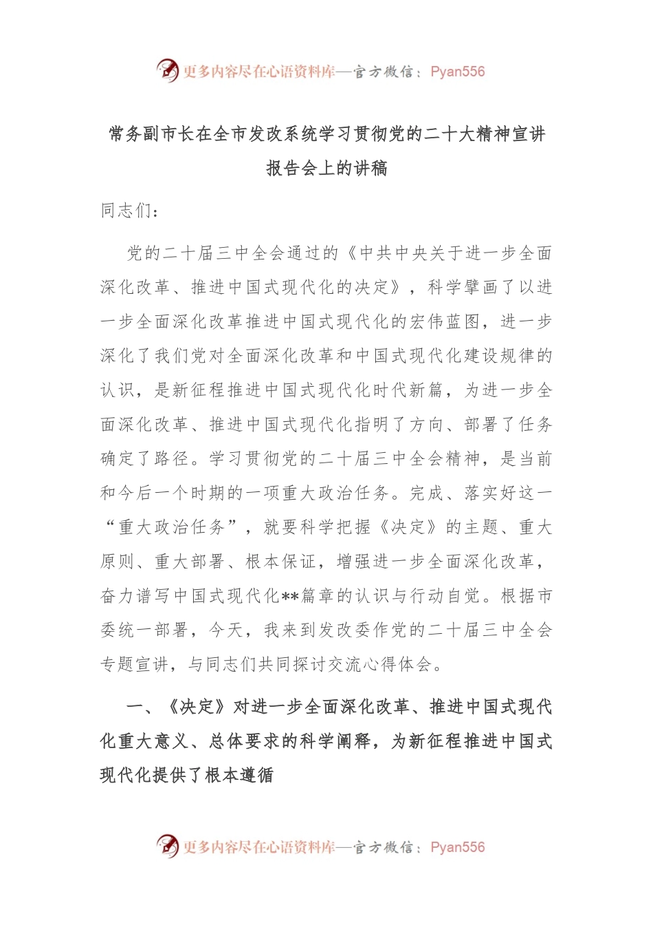 常务副市长在全市发改系统学习贯彻党的二十大精神宣讲报告会上的讲稿.docx_第1页