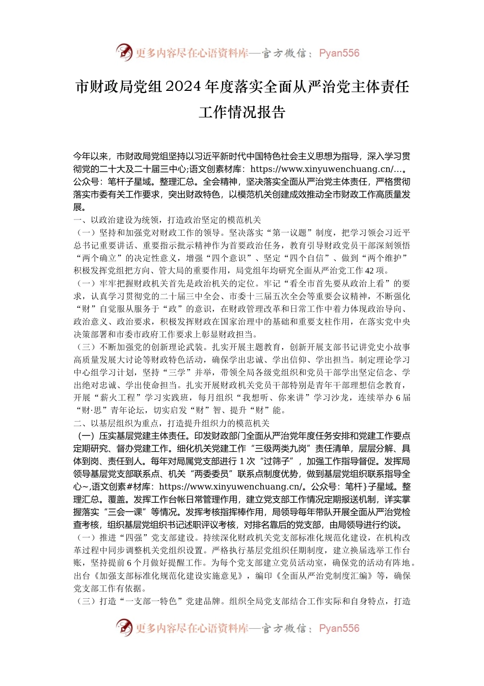 市财政局党组2024年度落实全面从严治党主体责任工作情况报告.docx_第1页