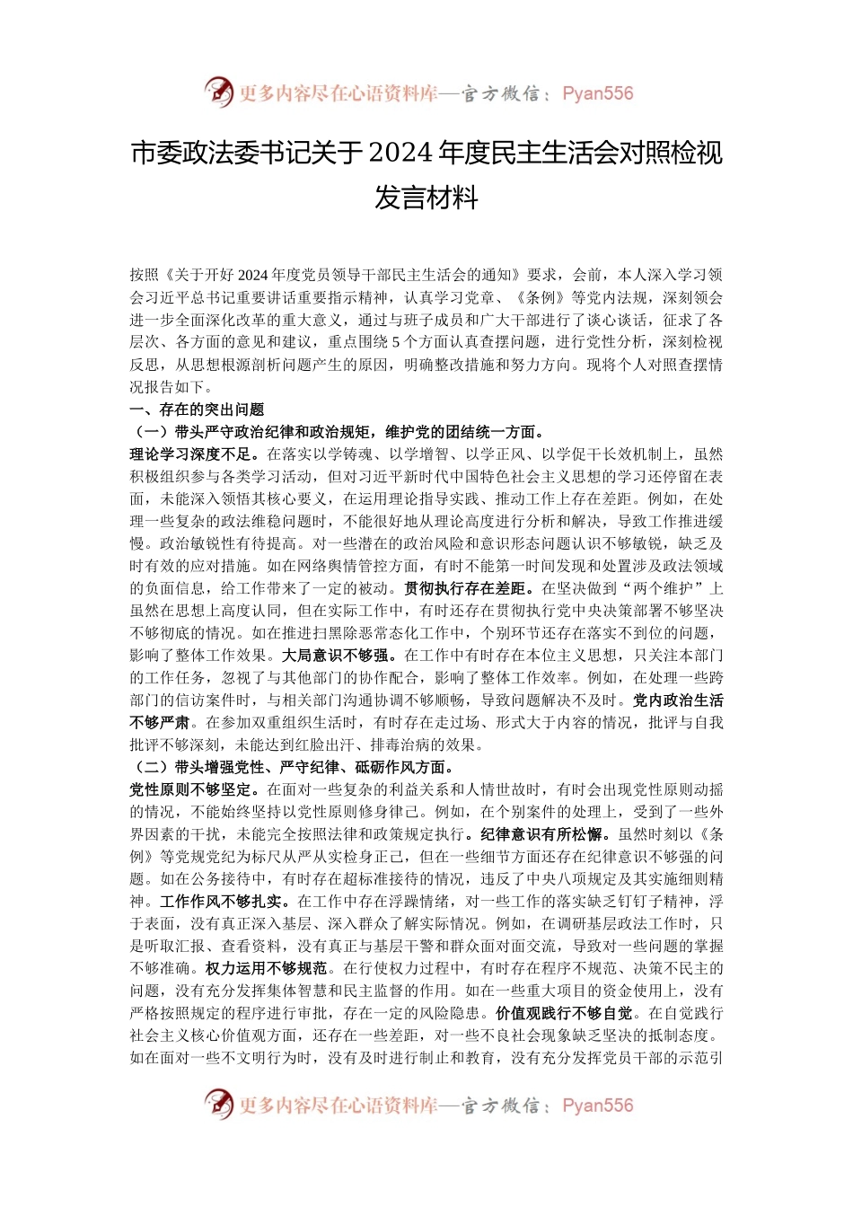 市委政法委书记关于2024年度民主生活会对照检视发言材料.docx_第1页