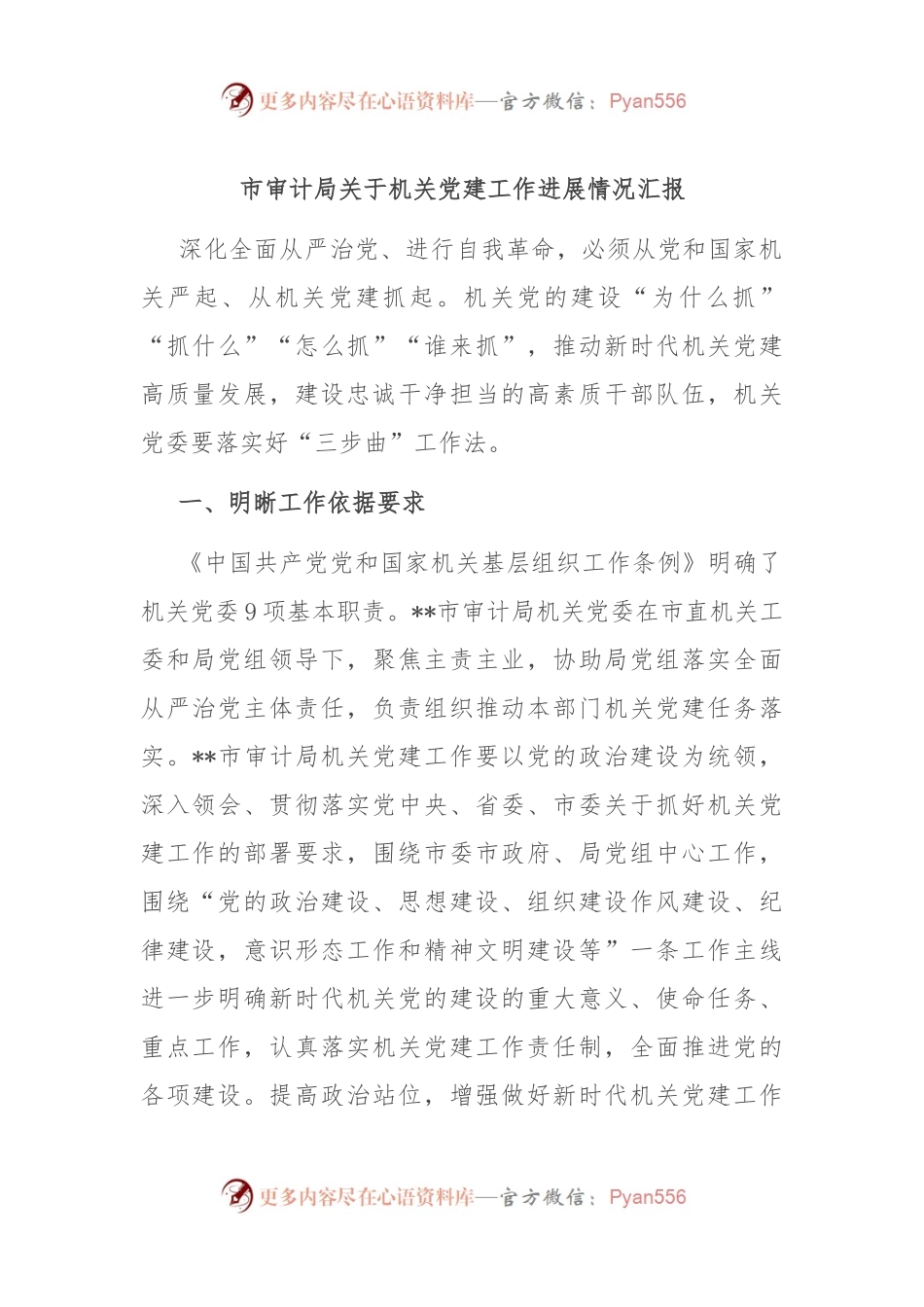 市审计局关于机关党建工作进展情况汇报.docx_第1页