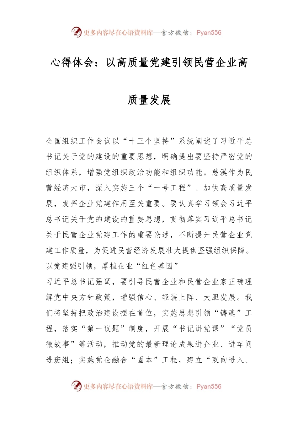 心得体会：以高质量党建引领民营企业高质量发展.docx_第1页