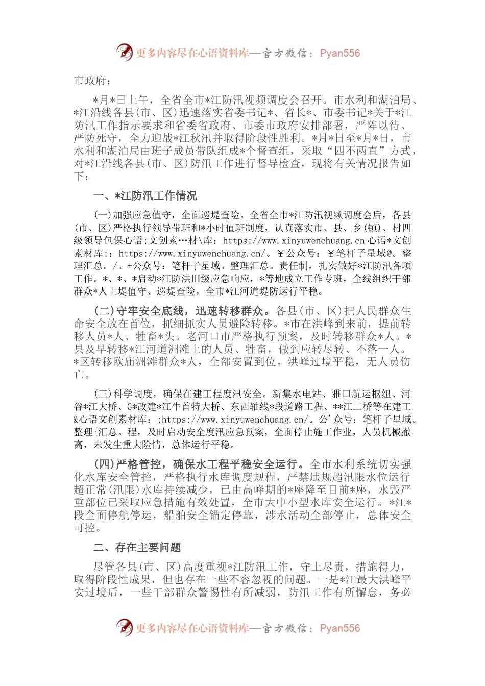 市水利和湖泊局关于防汛工作督导检查情况报告.docx_第1页
