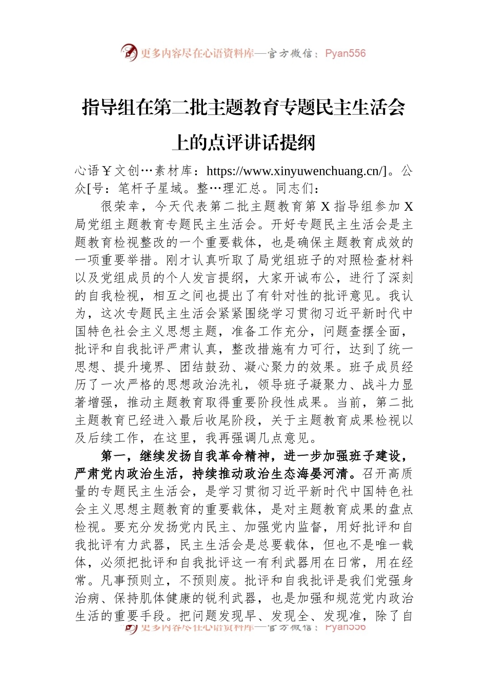 指导组在第二批主题教育专题民主生活会上的点评讲话稿提纲.docx_第1页