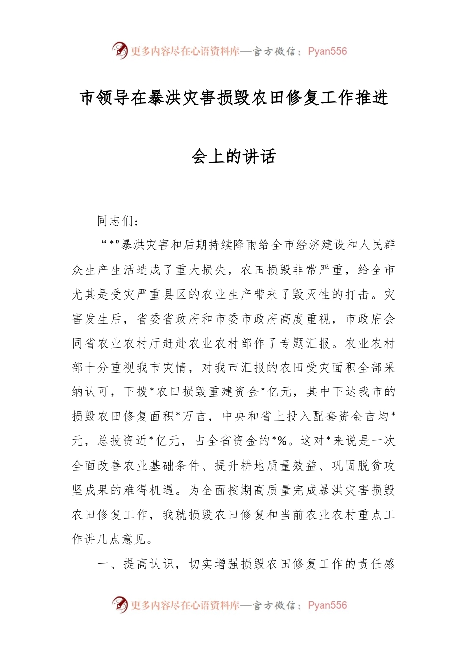 市领导在暴洪灾害损毁农田修复工作推进会上的讲话.docx_第1页