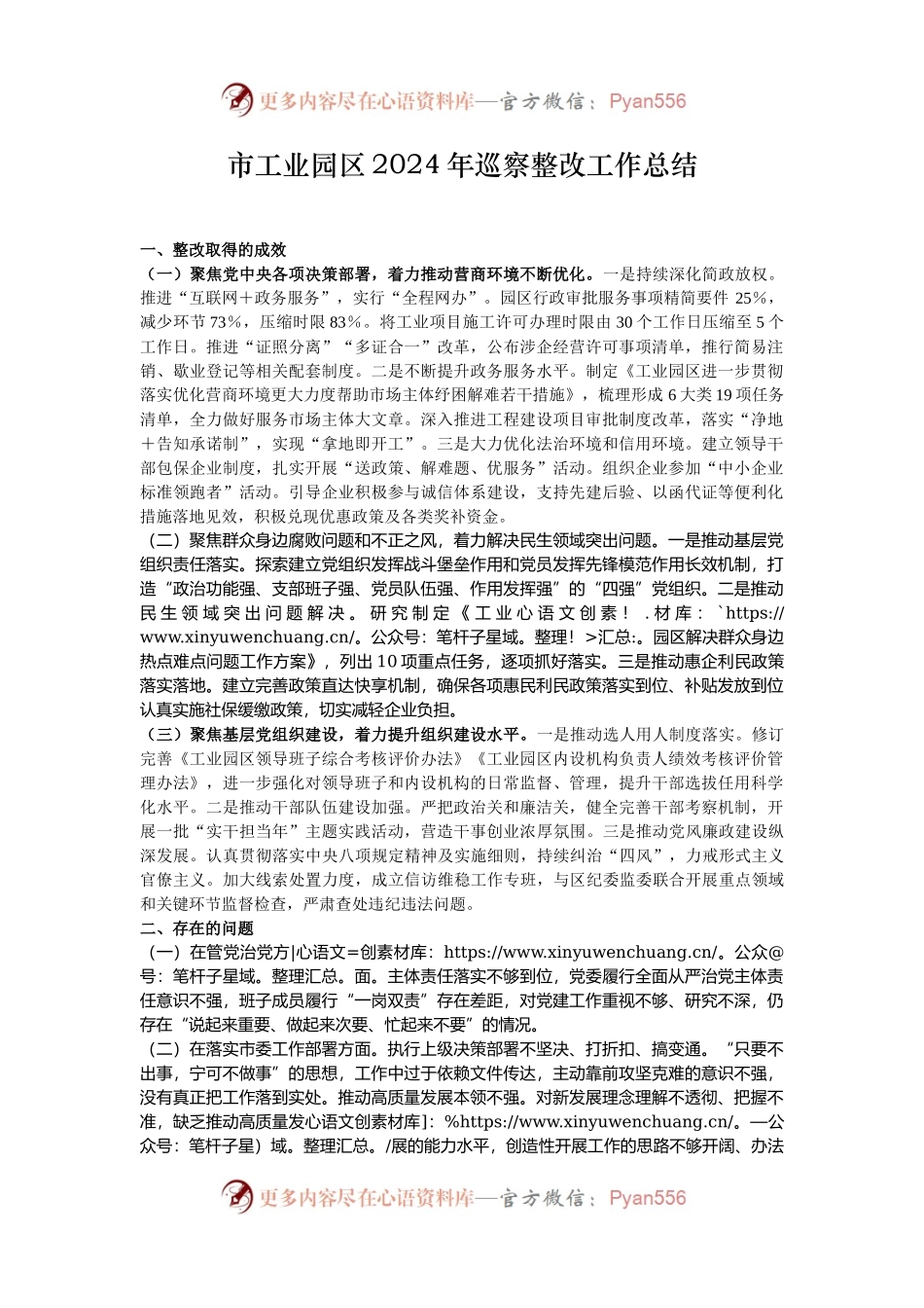 市工业园区2024年巡察整改工作总结.docx_第1页