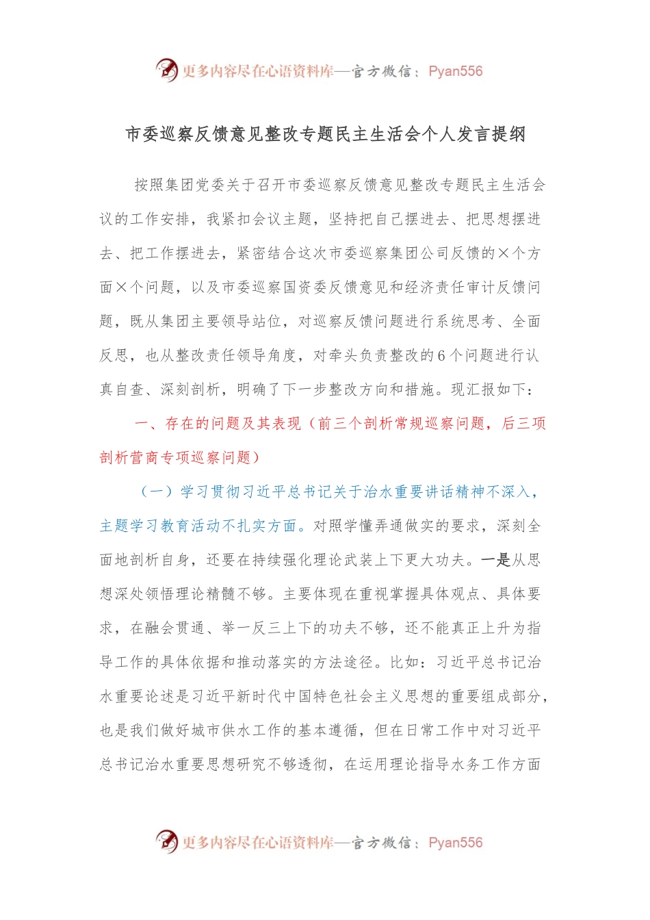 市委巡察反馈意见整改专题民主生活会个人发言提纲.docx_第1页