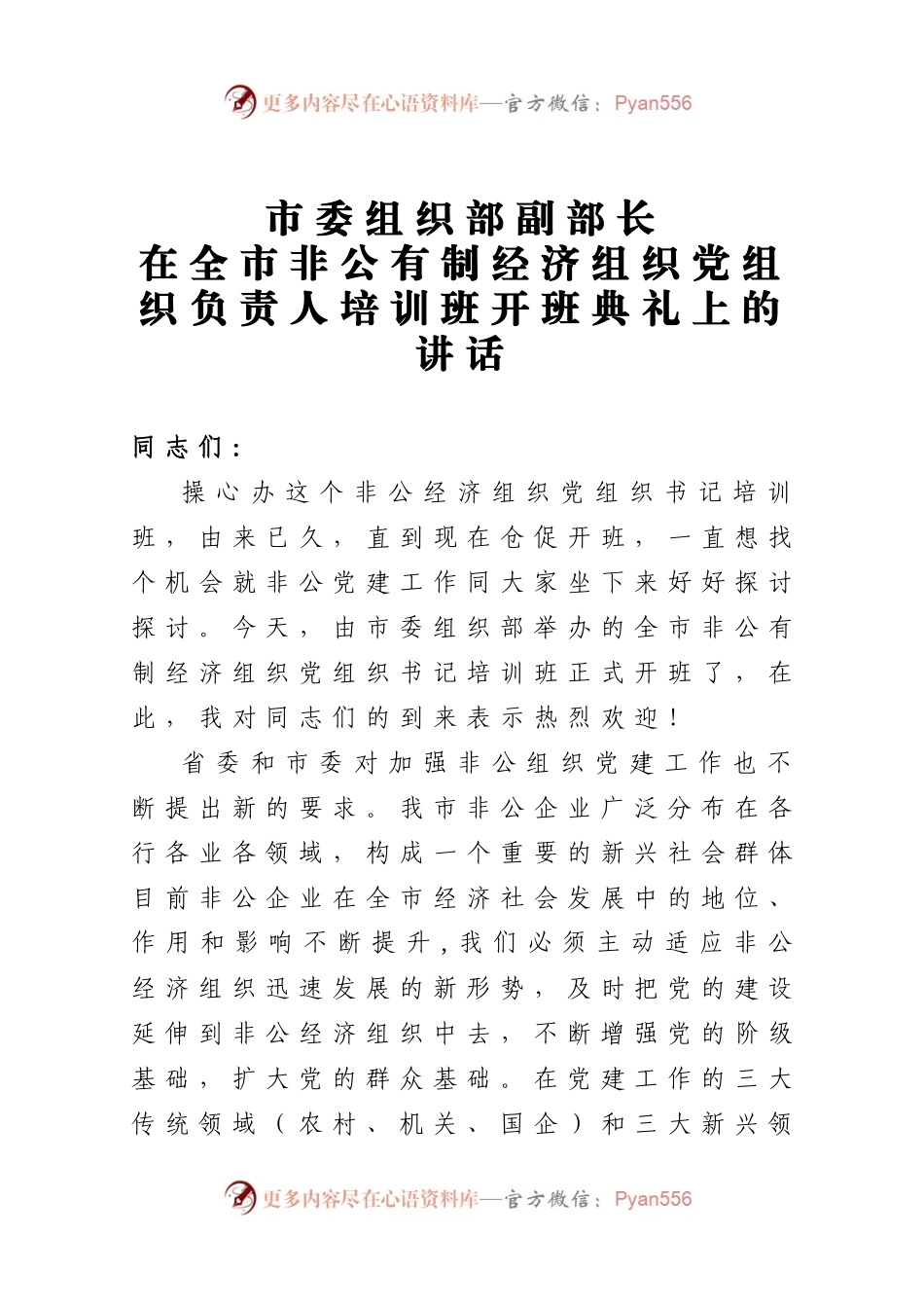 市委组织部副部长在全市非公有制经济组织党组织负责人培训班开班典礼上的讲话.docx_第1页