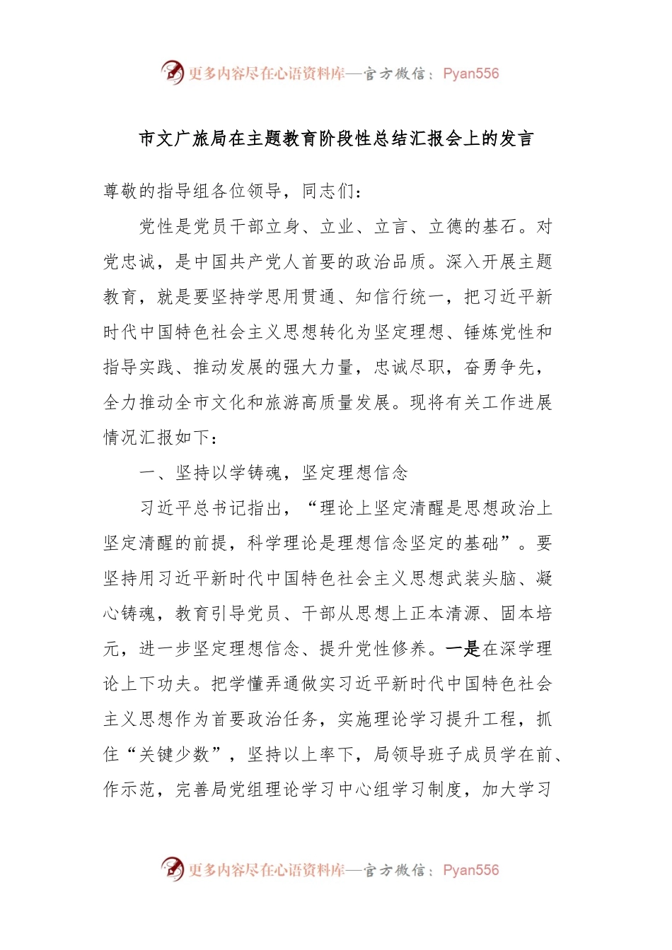 市文广旅局在主题教育阶段性总结汇报会上的发言.docx_第1页