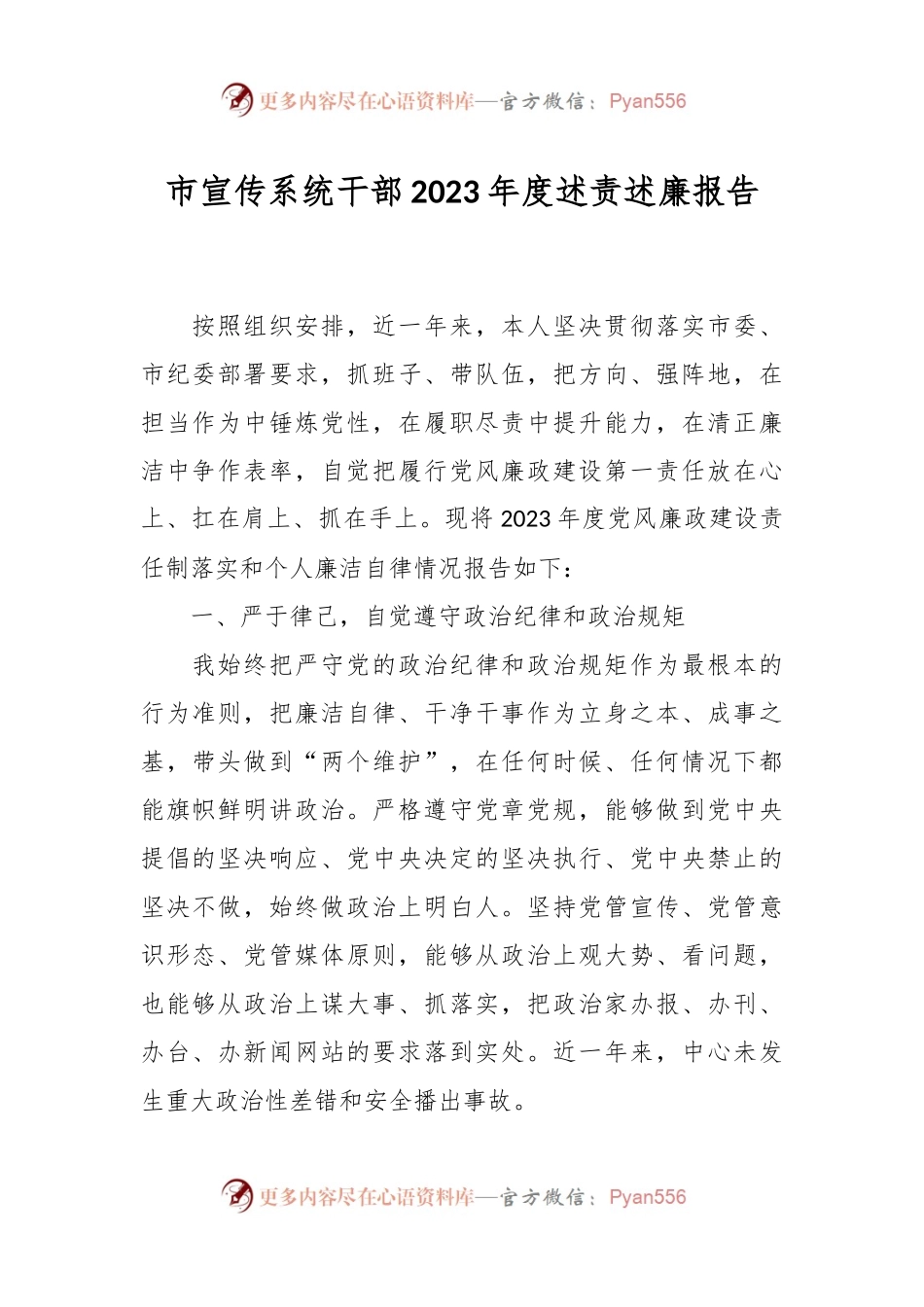 市宣传系统干部2023年度述责述廉报告.docx_第1页