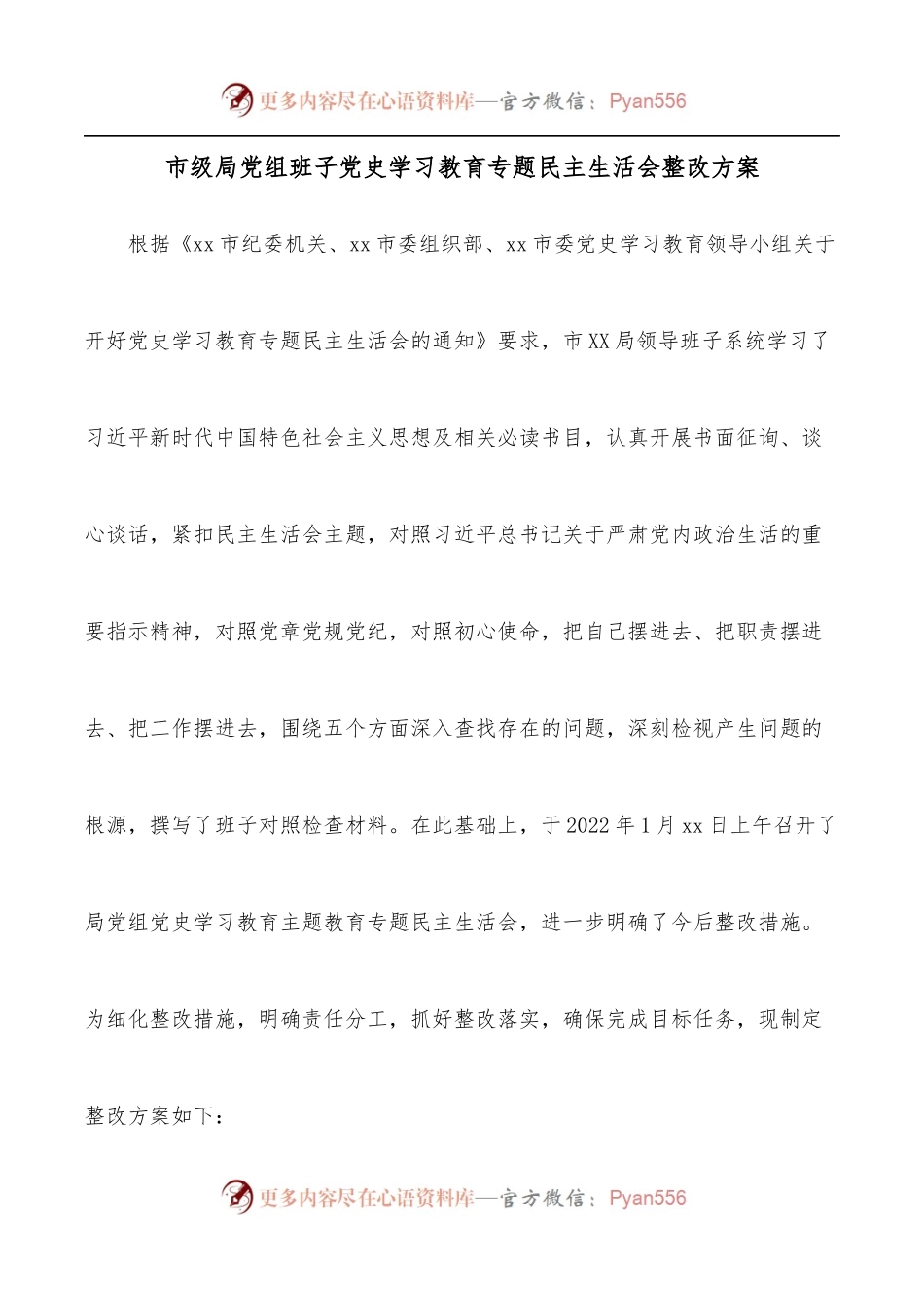 市级局党组班子学习教育专题民主生活会整改方案.docx_第1页