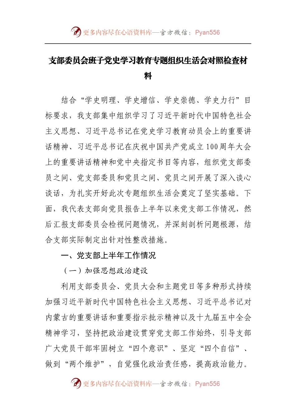 支部委员会班子党史学习教育专题组织生活会对照检查材料.docx_第1页