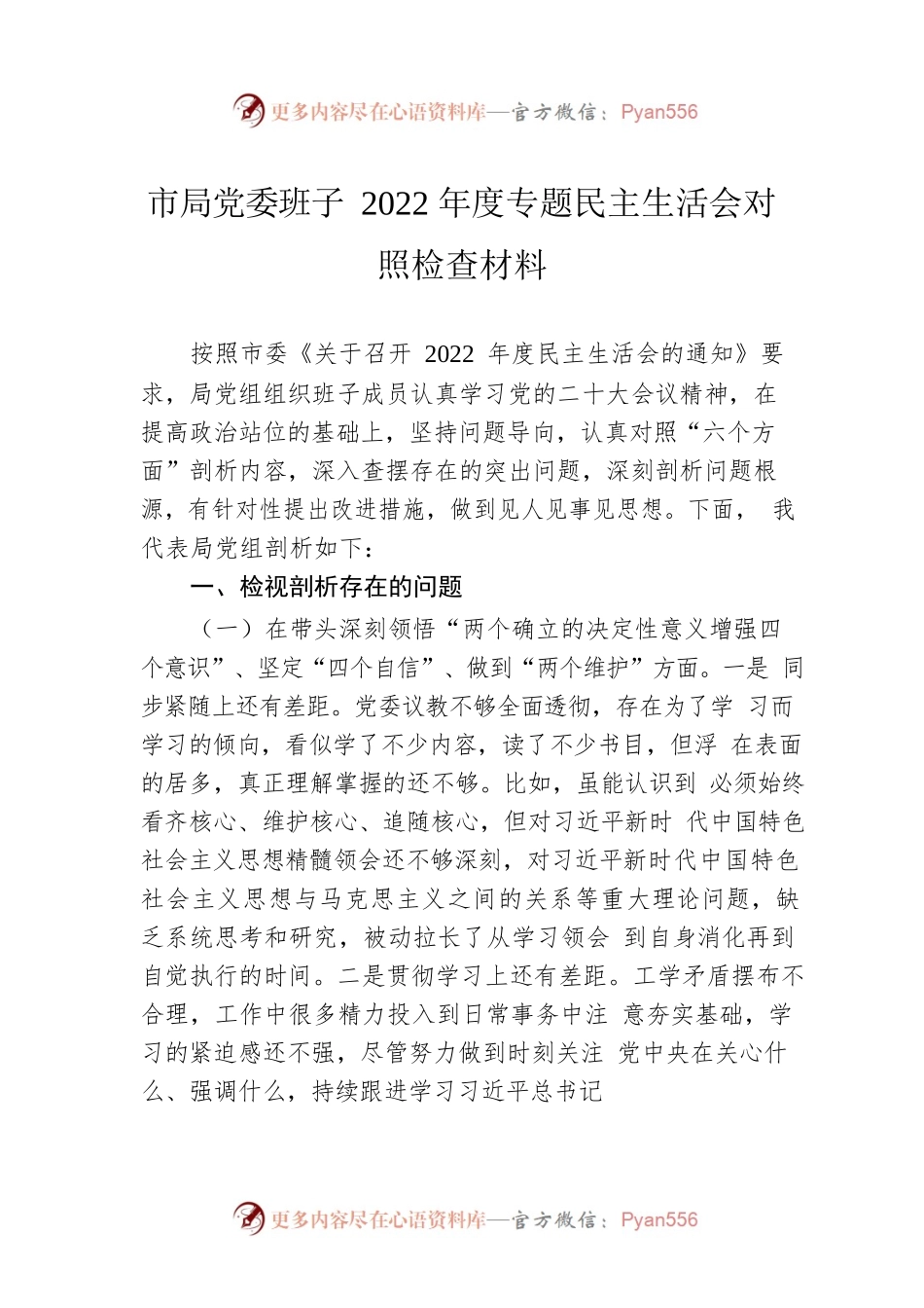 市局党委班子2022年度专题民主生活会对照检查材料.docx_第1页
