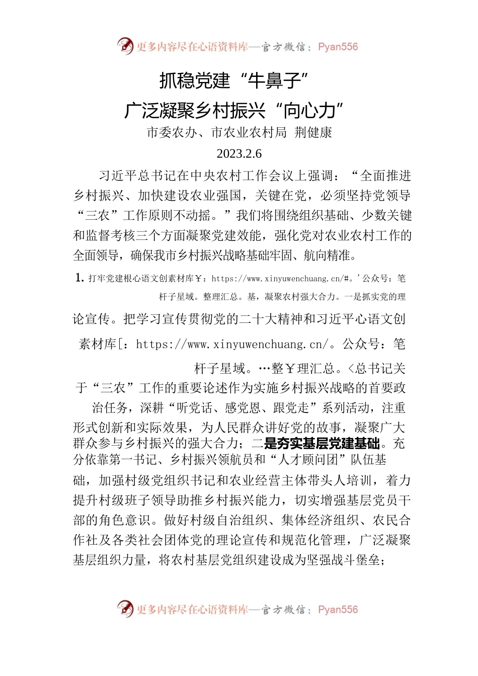 抓稳党建“牛鼻子”广泛凝聚乡村振兴“向心力”.docx_第1页