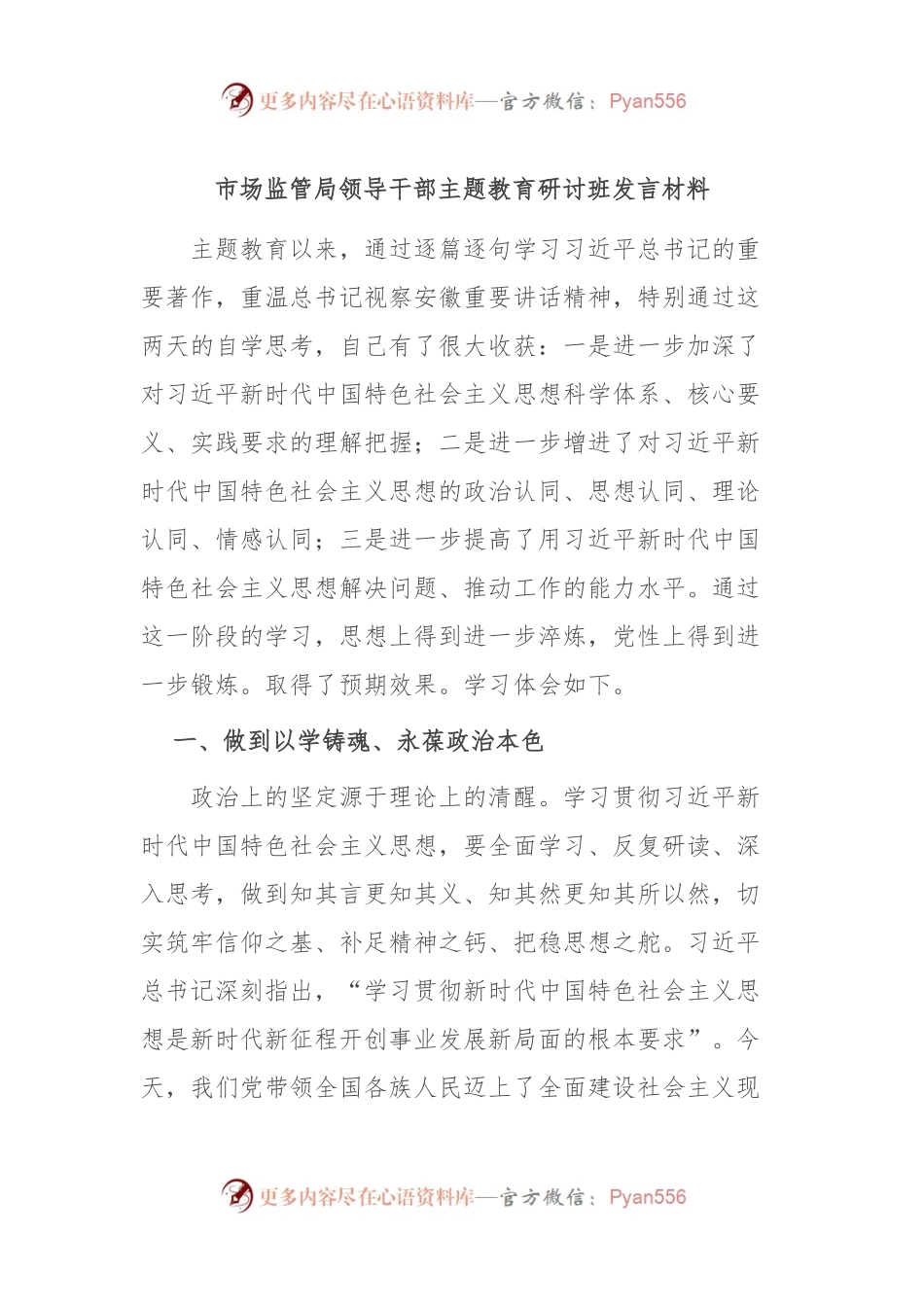 市场监管局领导干部主题教育研讨班发言稿材料.docx_第1页