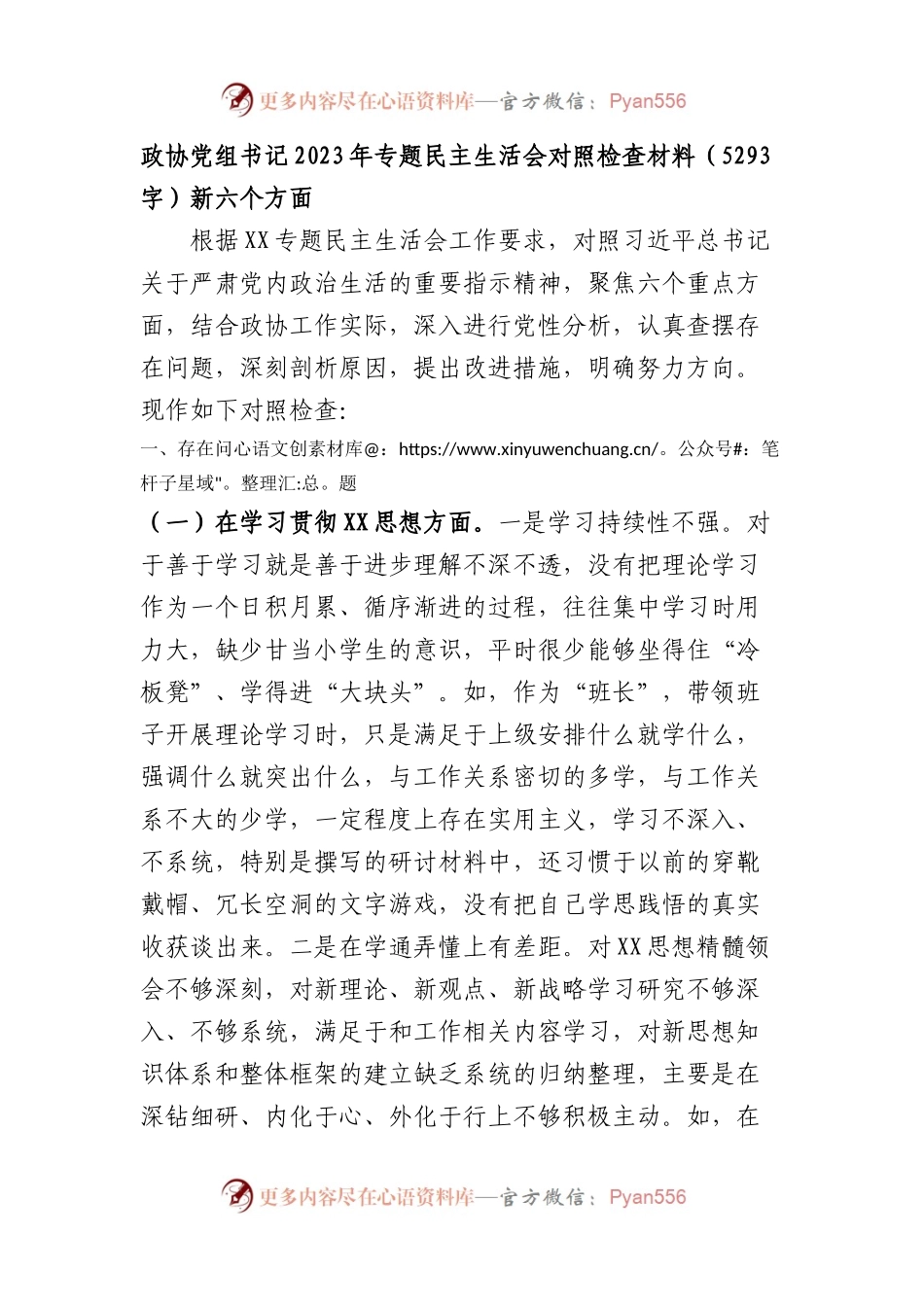 政协党组书记2023年专题民主生活会对照检查材料（践行宗旨等6个方面）.docx_第1页