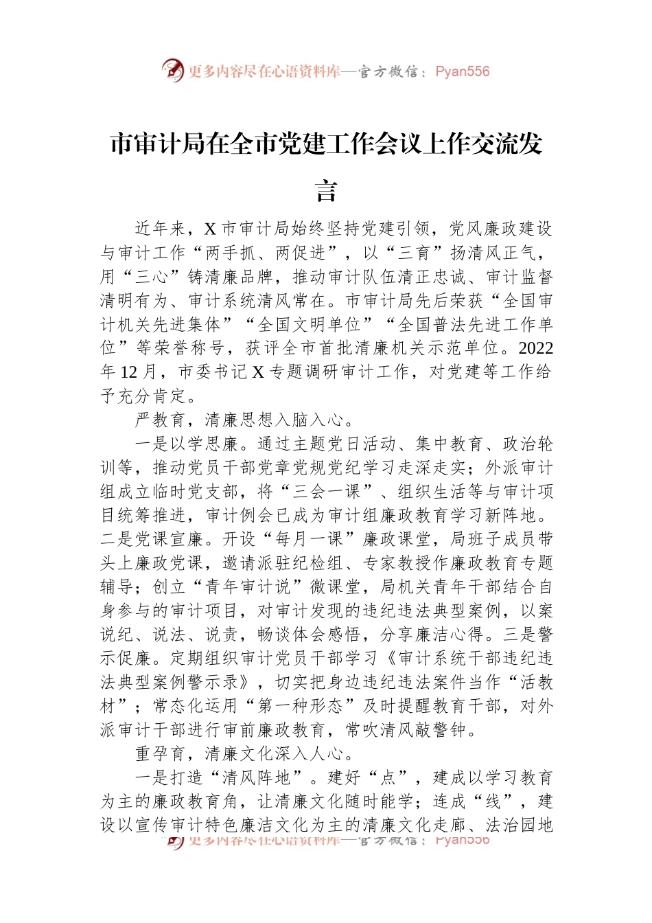 市审计局在全市党建工作会议上作交流发言.docx_第1页