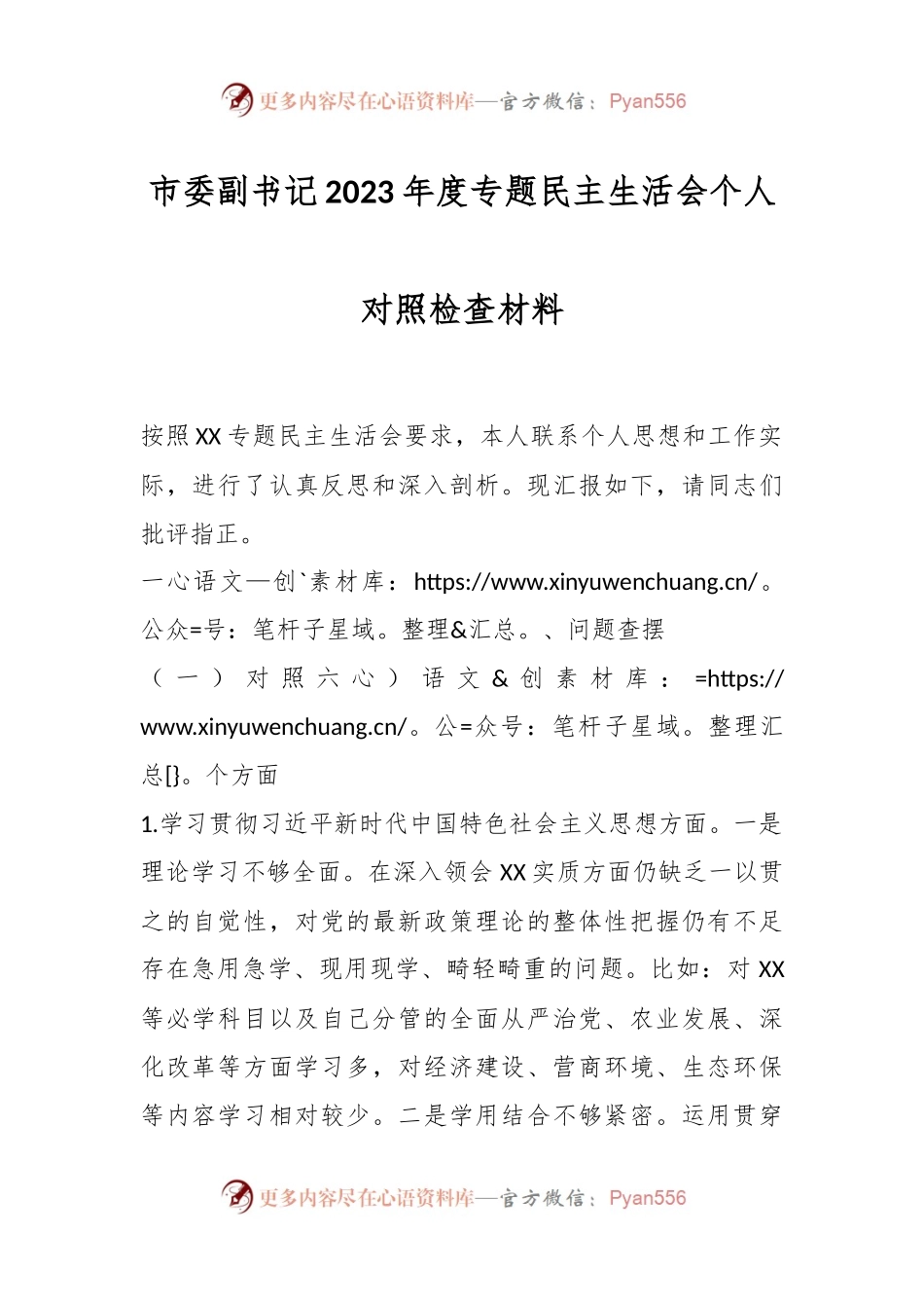 市委副书记2023年度专题民主生活会个人对照检查材料.docx_第1页