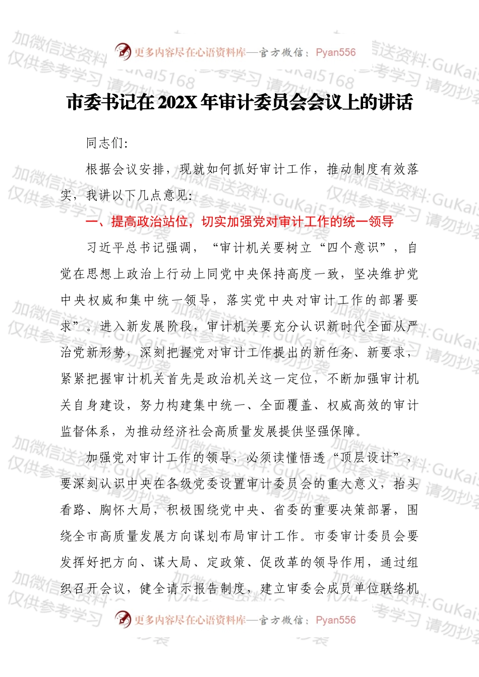 市委书记在202X年审计委员会会议上的讲话发言材料.docx_第1页