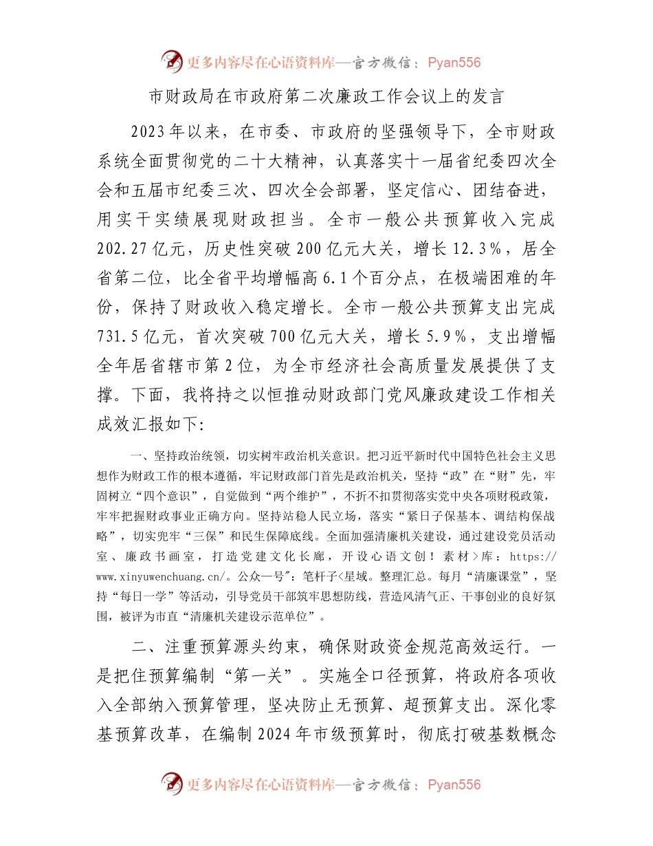 市财政局在市政府第二次廉政工作会议上的发言.docx_第1页