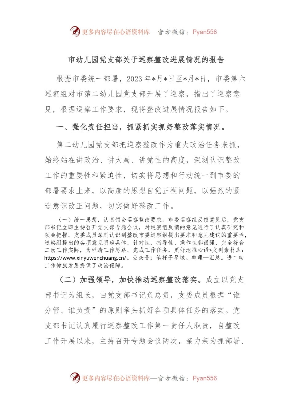 市幼儿园党支部关于巡察整改进展情况的报告.docx_第1页