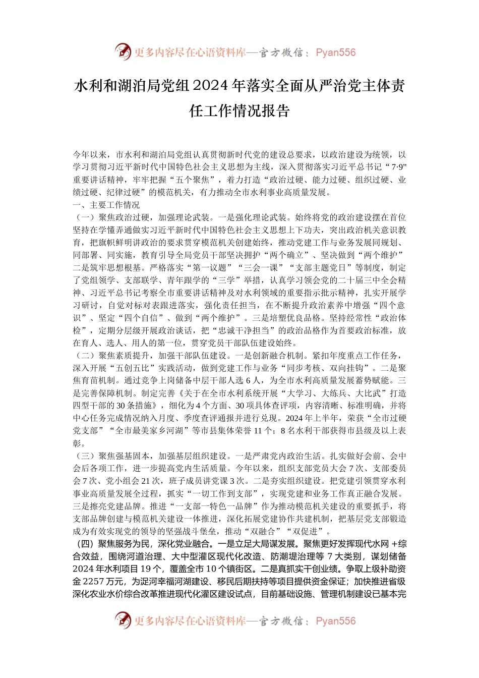 水利和湖泊局党组2024年落实全面从严治党主体责任工作情况报告.docx_第1页