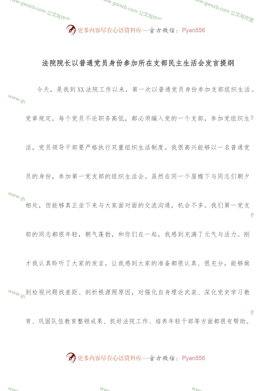 法院院长以普通党员身份参加所在支部民主生活会发言提纲.docx_第1页