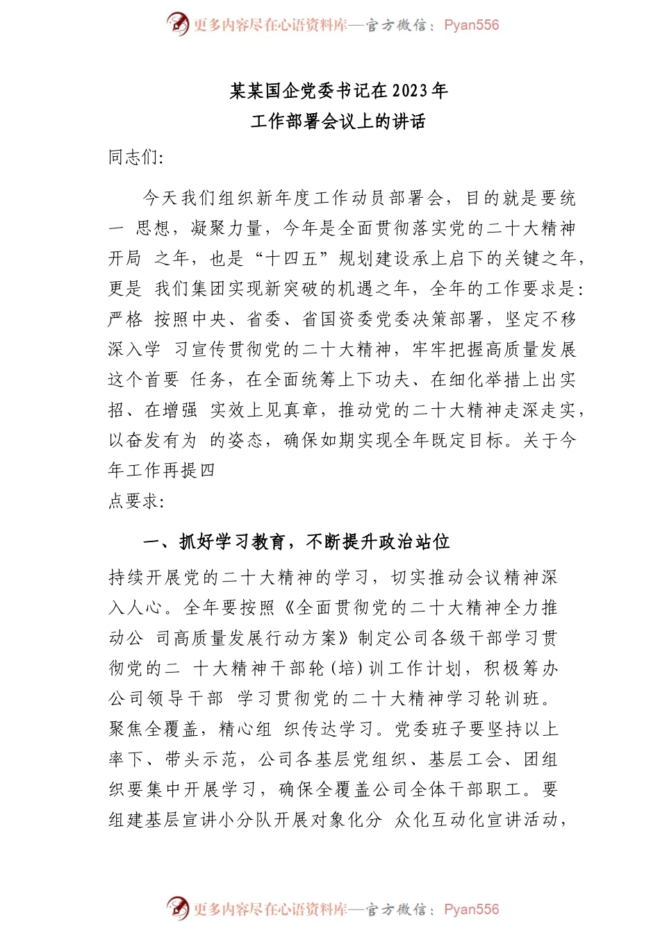 某某国企党委书记在2023年工作部署会议上的讲话.docx_第1页