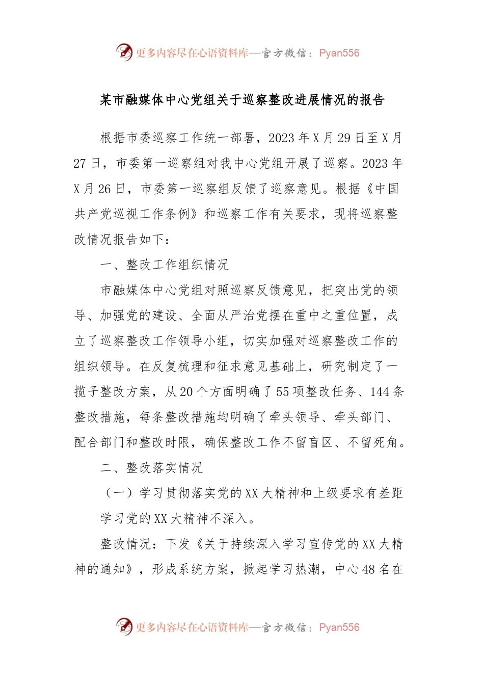 某市融媒体中心党组关于巡察整改进展情况的报告.docx_第1页