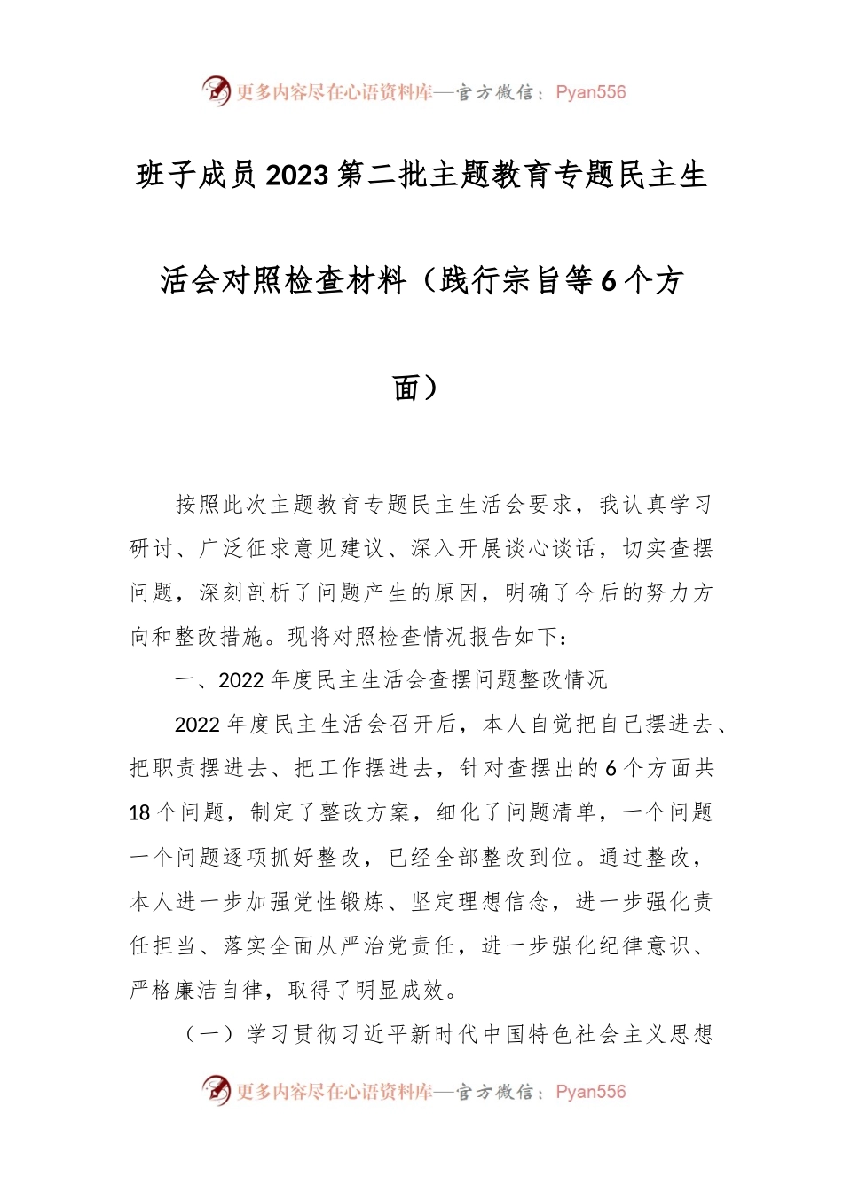 班子成员2023第二批主题教育专题民主生活会对照检查材料（践行宗旨等6个方面）.docx_第1页