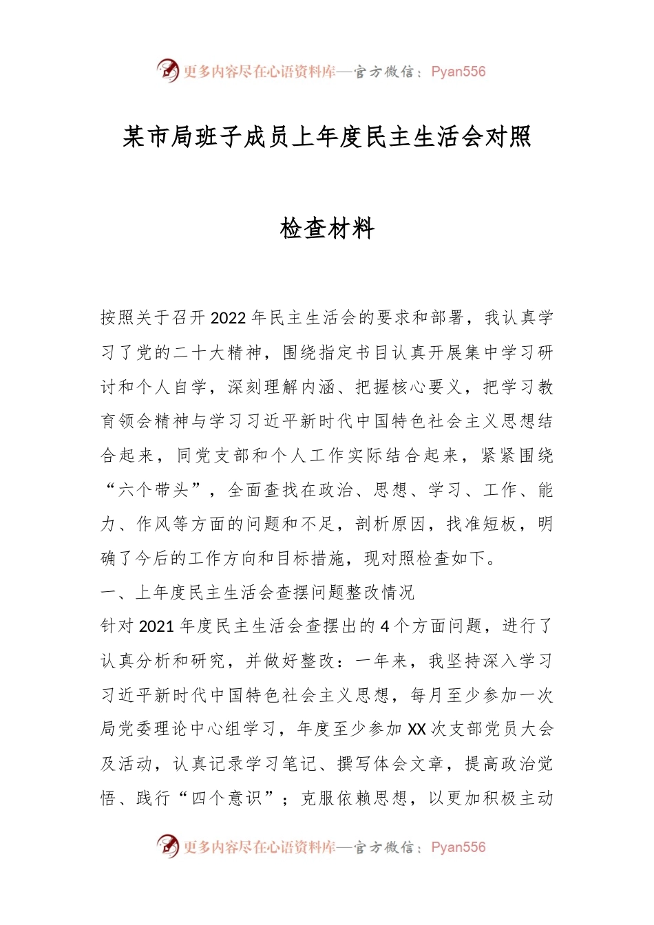 某市局班子成员上年度民主生活会对照检查材料.docx_第1页