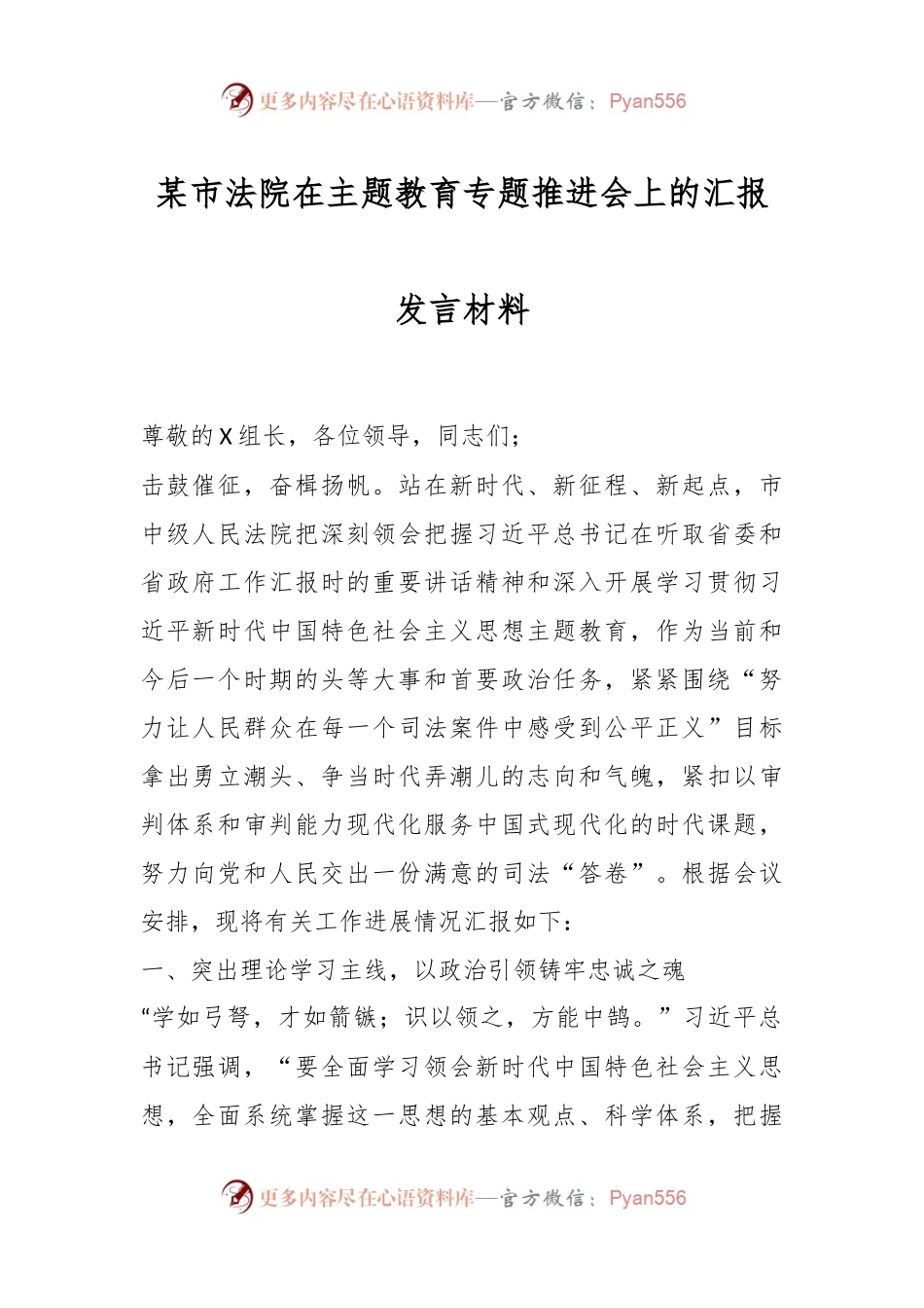 某市法院在主题教育专题推进会上的汇报发言材料.docx_第1页