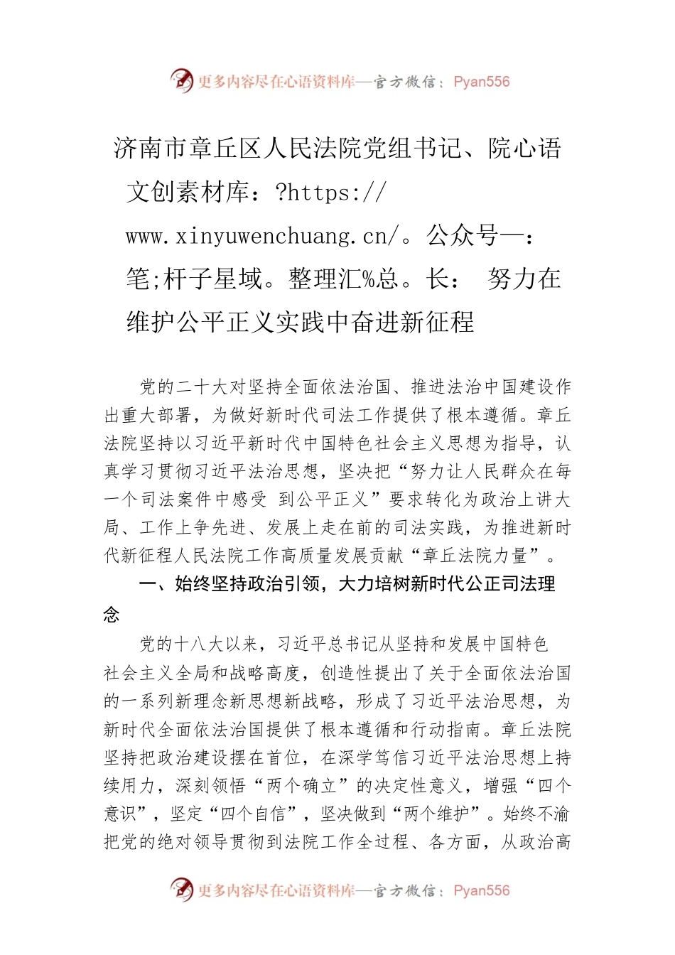 济南市章丘区人民法院党组书记、院长：努力在维护公平正义实践中奋进新征程(20221124).docx_第1页