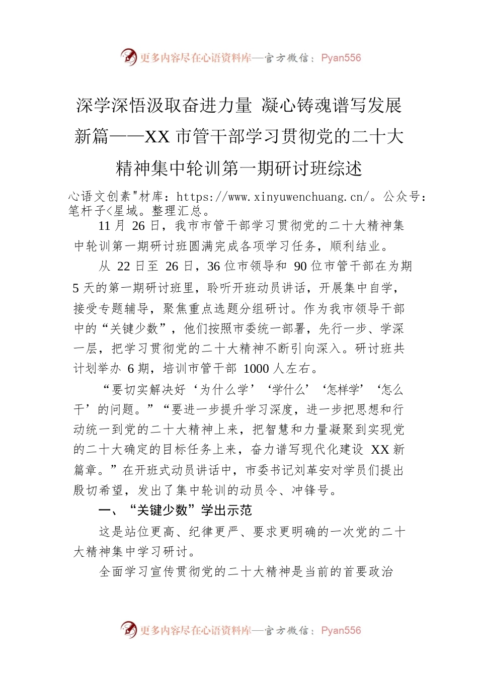深学深悟汲取奋进力量 凝心铸魂谱写发展新篇——XX市管干部学习贯彻党的二十大精神集中轮训第一期研讨班综述（20221128）.docx_第1页